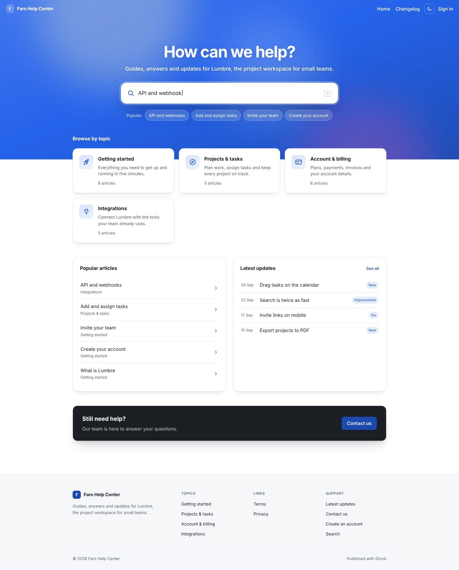 Faro help center homepage — hero with search, topics with icons, popular articles and latest updates