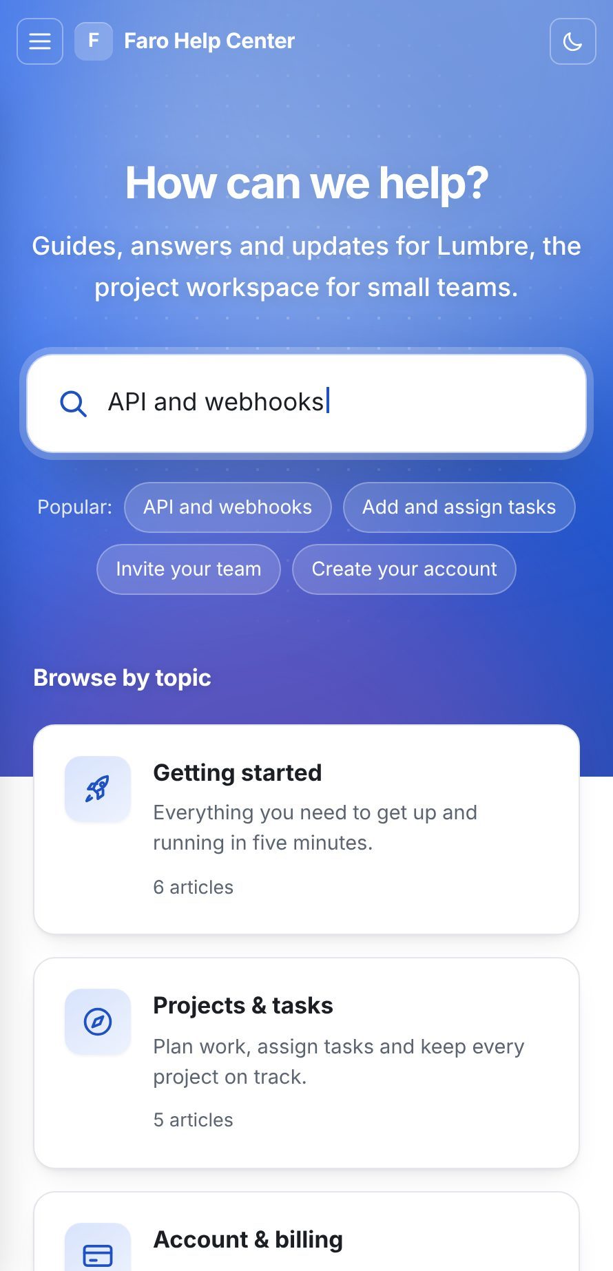 Faro on mobile — search and topics