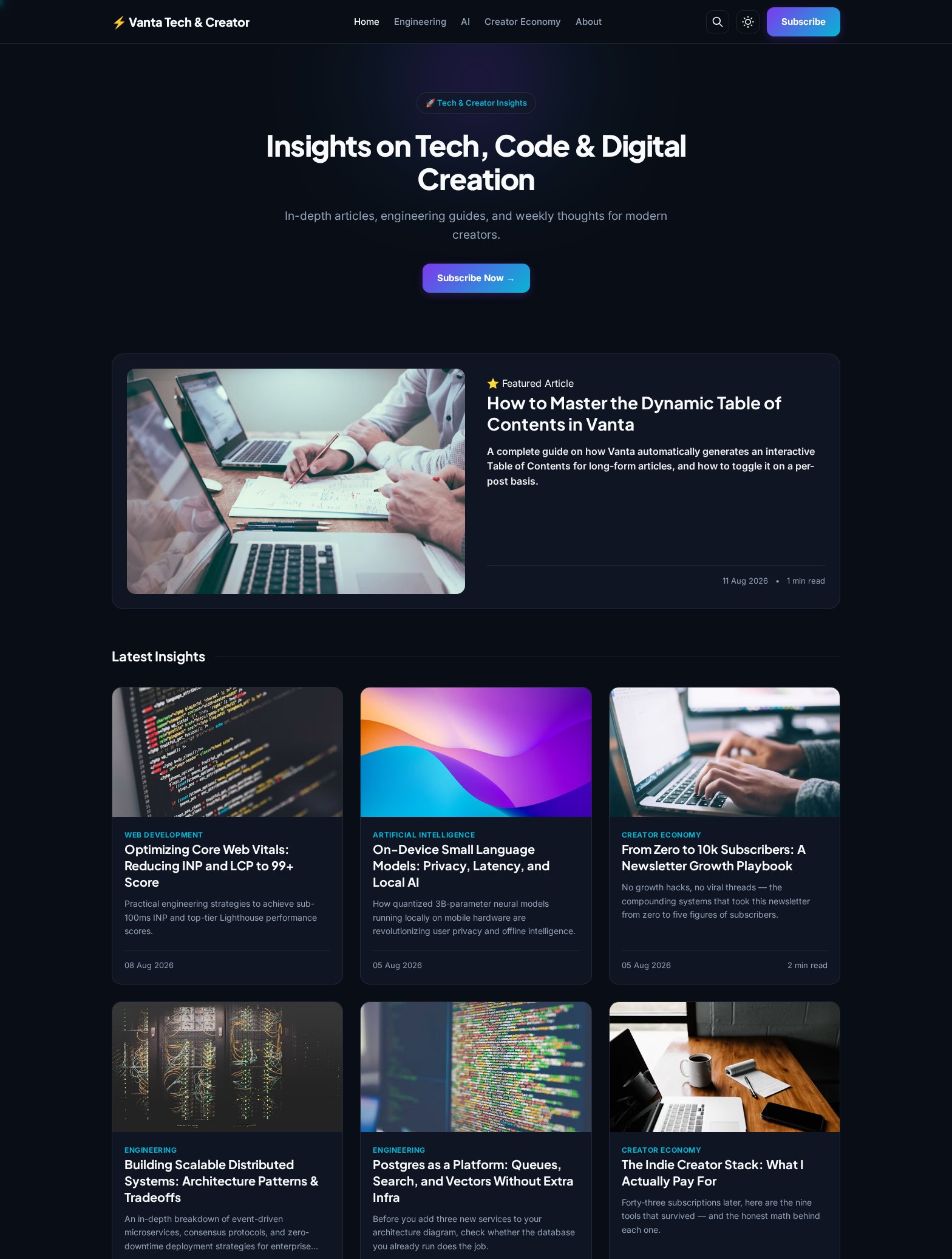 Vanta desktop homepage — dark hero, featured article and magazine grid