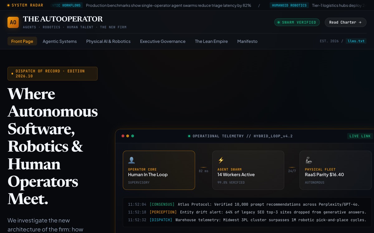 AutoOperator homepage with an Obsidian and Amber Titanium theme, live telemetry radar, and autonomous editorial grid