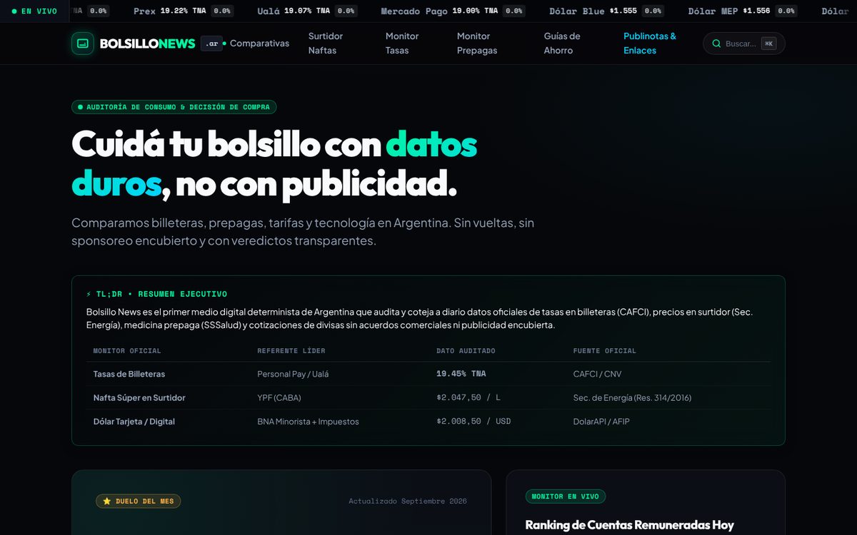 Portada de Bolsillo News: cinta en vivo con tasas de billeteras y cotizaciones del dólar, y un hero con datos