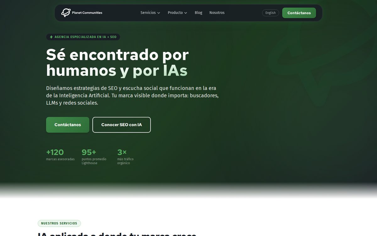 Planet Communities homepage with a green hero and service navigation